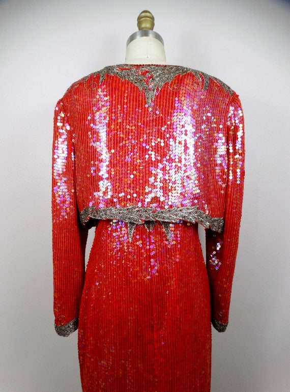 M/L Red Silk Sequined Beaded Evening Gown w/ Bole… - image 7