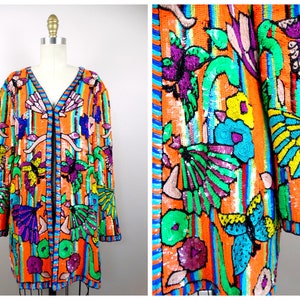 PSYCHEDELIC Neon Sequin Jacket / 80s GLAM Pop Art Deco Butterfly Sequined Jacket