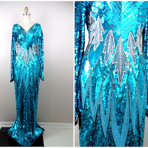 RARE Electric Blue Sequin Beaded Gown / Bright Turquoise Beaded Dress / Aqua Neon Sequined Full Length Dress