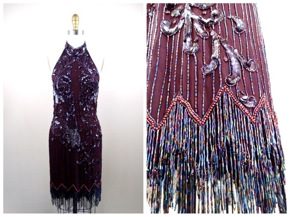 VTG Fringe Beaded Dress // Fringed Bead Embellish… - image 1