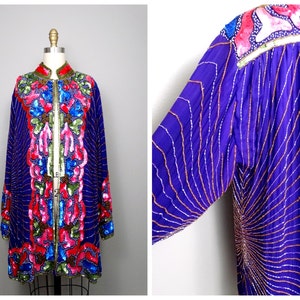 Art Deco Sequin Duster / Boho Novelty Embellished Open Kaftan / Pink and Purple Beaded Long Jacket Dress Coat by Judith Ann