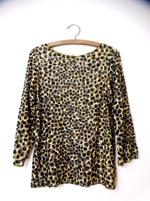 Wild Leopard Sequin Embellished Top // Vintage Se… - image 3