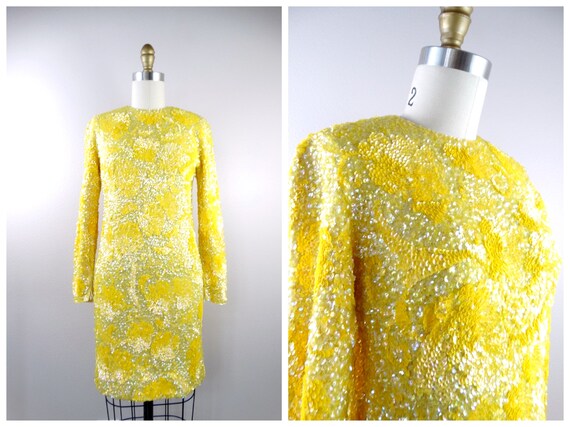 60s Yellow Sequined Dress • Retro Sequin Embellish