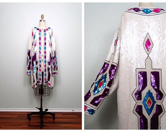 INCREDIBLE Fully Sequined Duster / Retro Embellished Long Jacket / Bright Iridescent White Sequin Embellished Open Caftan O/S