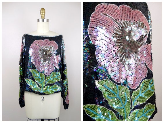 M/L Exotic Flower Sequined Top / Vintage Sequin T… - image 7
