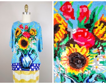 RARE All Sequin Top // Funky Retro Abstract Wearable Art Sequined Sunflower Blouse // Vintage Inspired Statement Piece