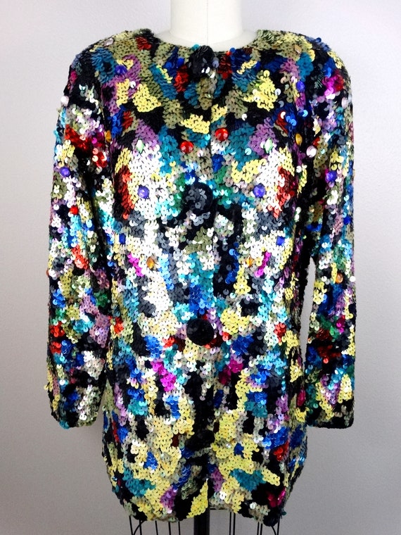 Rainbow Jewel Embellished Cardigan Sweater Top //… - image 2