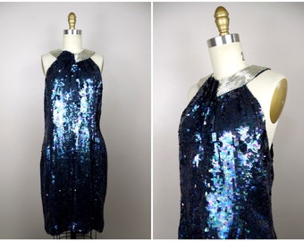 Oilslick Sequined Silver Beaded Halter Dress // Iridescent Black Sequin Dress