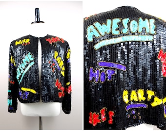 RARE Youth's Sequin Jacket / Funky Sequined Words Vintage Jacket Child's Size Medium / Wild Awesome Cool Party Hot