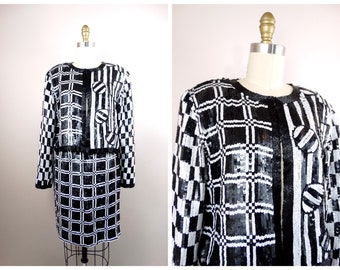 S/M Black and White Sequin Beaded Dress Skirt w/ Cardigan Top // Retro Geometric Sequined Embellished Dress Suit Ensemble