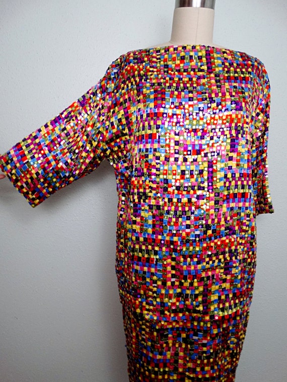 80s 90s Rainbow Sequin Grid Top / Color Block Seq… - image 2