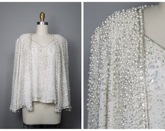 Heavy Pearl Beaded Top & Cardigan Jacket // Heavily Beaded Pearl Beaded Embellished Evening Ensemble by Judith Ann