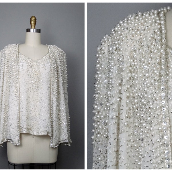 Heavy Pearl Beaded Top & Cardigan Jacket // Heavily Beaded Pearl Beaded Embellished Evening Ensemble by Judith Ann