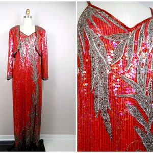 70er 80er Jahre Rotes Seiden Pailletten Perlen Abendkleid mit Bolero Jacke // Vintage Kleid in voller Länge 2-teiliges Abendkleid-Ensemble