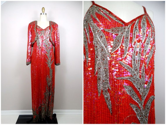 M/L Red Silk Sequined Beaded Evening Gown w/ Bole… - image 1