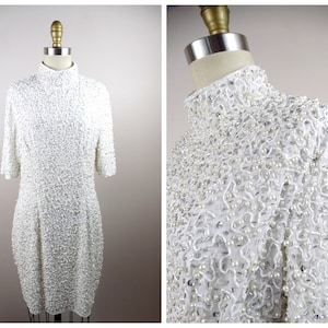 VTG Beaded Pearl Mini Dress / Short Wedding Dress / White Bead Embellished Dress w/ Pearls