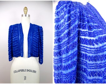 Antique Micro Beaded Sheer Bolero // Royal Blue Hand Beaded Shrug // Vintage Glass Beaded Bolero