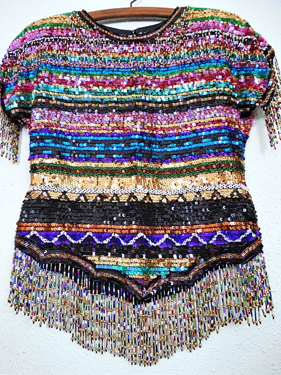 VTG Fringe Beaded Sequined Blouse // Heavily Embe… - image 2