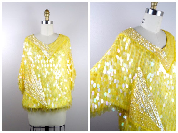 L/XL Bright Yellow Paillette Sequin Top / Iridesc… - image 8