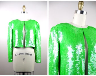 Vintage COUTURE Neon Pailletten Verzierter Bolero von Neiman Monitors // Lime Grün Pailletten Perlen Kurze Blazer Jacke Size Medium