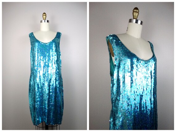 L/XL Designer Couture Sequined Dress / Bright Tur… - image 1