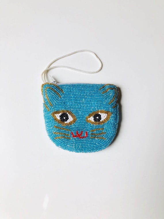 Cute Beaded Coin Purse / Baby Blue Cat Coin Purse 