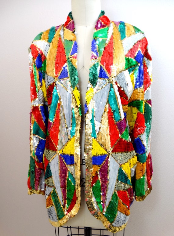 Mosaic Sequin Vintage Jacket / Colorful Fully Emb… - image 4