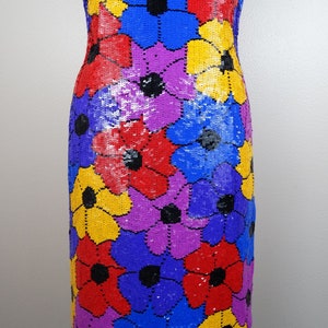 Psychedelic Sequin Dress / Retro Neon Floral Sequin Embellished Mini Dress / Bright Pink Purple Blue Red and Yellow Roses Sequined Dress image 2