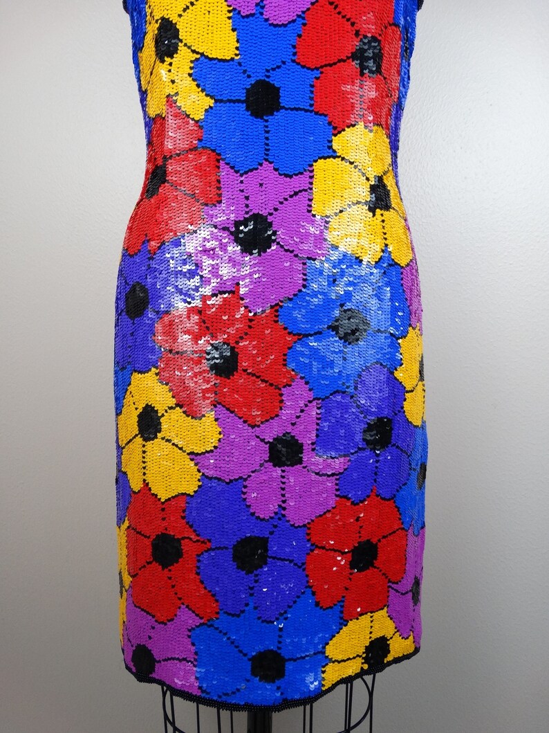 Psychedelic Sequin Dress / Retro Neon Floral Sequin Embellished Mini Dress / Bright Pink Purple Blue Red and Yellow Roses Sequined Dress image 2