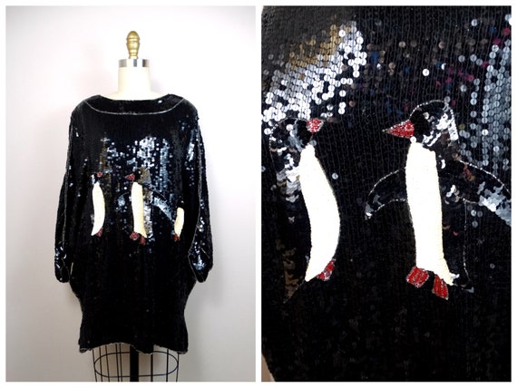 Happy Penguins Sequin Dolman Top // Novelty Vinta… - image 1