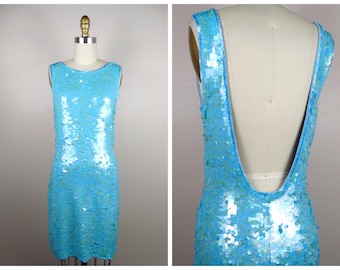 M/L Powder Blue Sequin Embellished Dress / Glam Pastel Baby Blue Vintage Bodycon Dress / Stretchy Sequined Dress