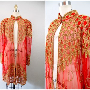 Vintage Sheer Duster Robe / Boho Embellished Red and Gold Beaded Netted Long Shrug Jacket Coat