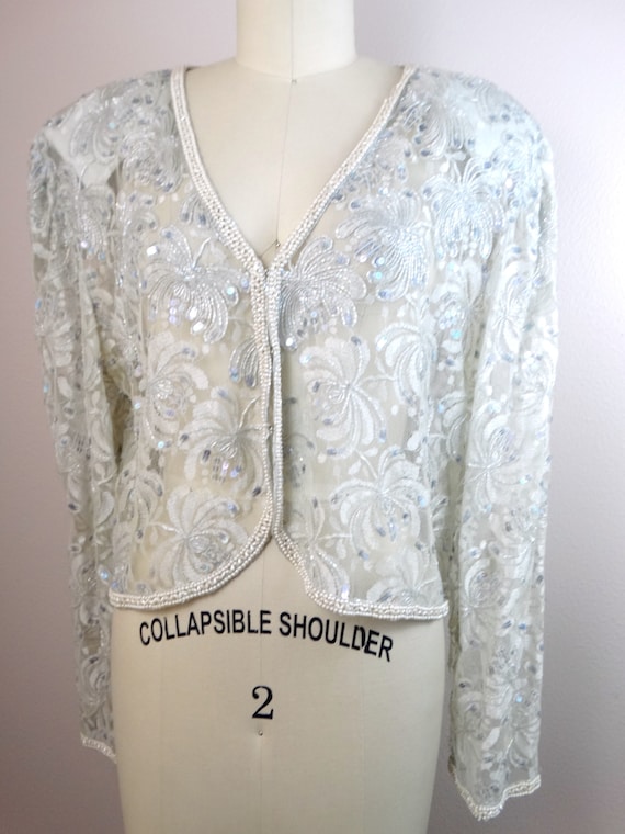 L/XL Sheer Sequined Lace Cardigan / Light Blue Gr… - image 2