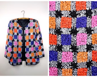 Vintage Sequined Cardigan: M/L Checkerboard Beaded Sequin Embellished Silk Blazer