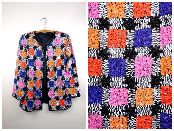 Neon Checker Sequined Cardigan / Checkered Beaded… - image 1