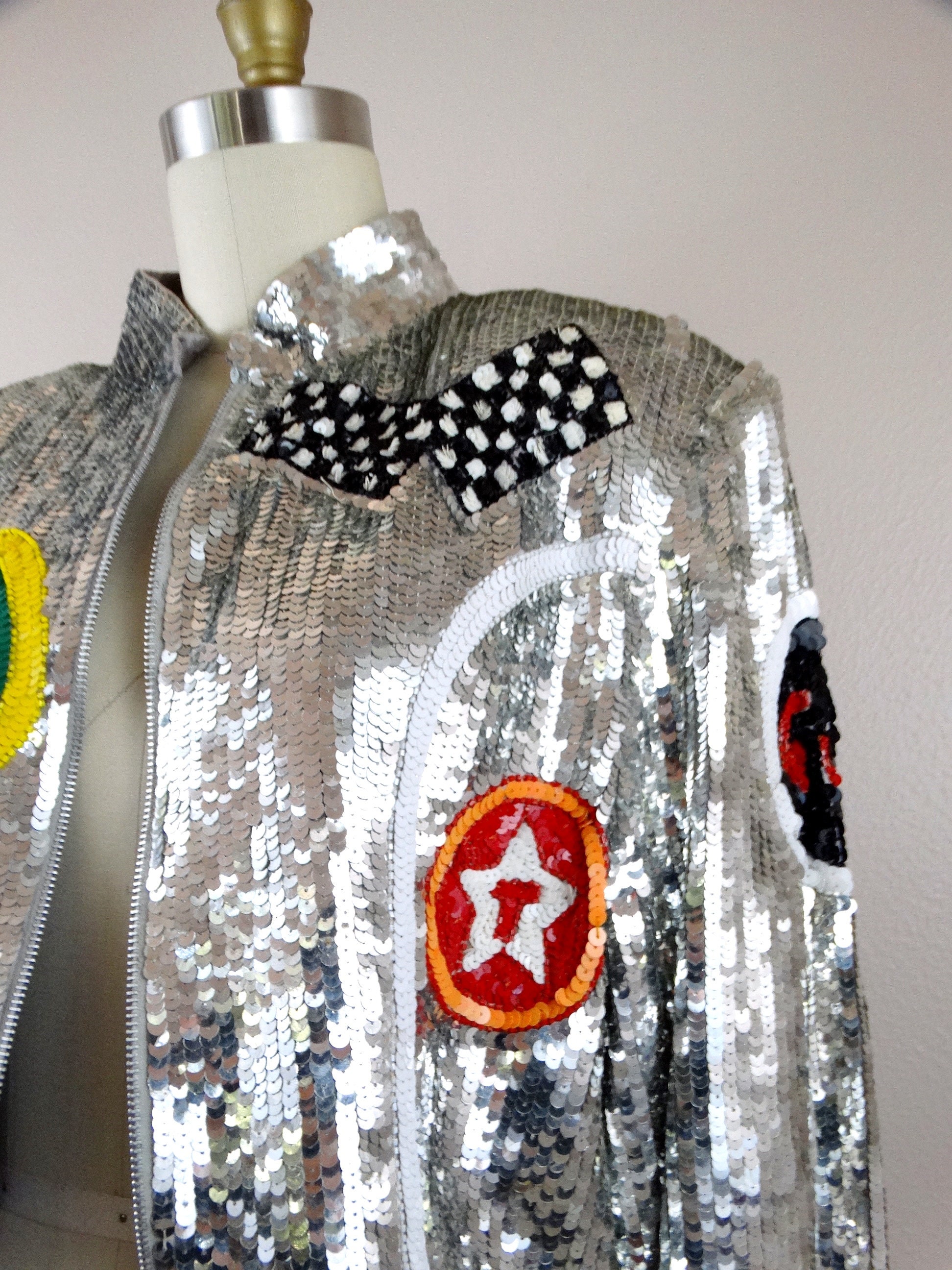 OIL & GAS Sequin Jacket // 80's Glam Reflective Silver Cropped Sequined ...
