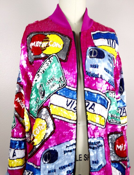 RARE Credit Card Sequin Jacket / Novelty Hot Pink… - image 3