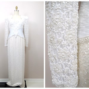 Vintage Pearl Beaded Wedding Dress / White Lace Embellished Bridal Gown image 9