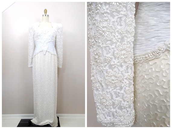 Vintage Pearl Beaded Wedding Dress / White Lace E… - image 9