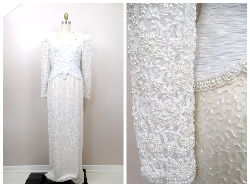 Vintage Pearl Beaded Wedding Dress / White Lace Embellished Bridal Gown image 9