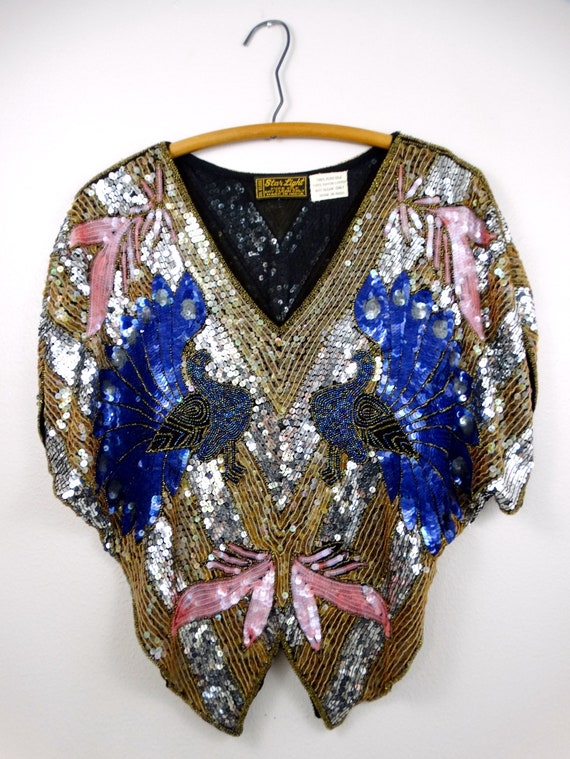 VTG Butterfly Sequined Blouse // Art Deco Peacock… - image 2