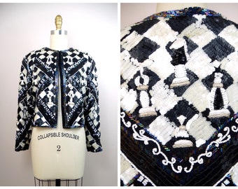 Glam NOVELTY Pailletten Bolero // Checker Verzierte Kurzjacke // 1980er Jahre Chessboard Perlen Crop Jacke