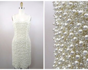 RARE Crystal Beaded Pearl Wedding Dress / Vintage Haute Couture Short Bridal Dress Covered in Pearls and Rhinestone Crystals