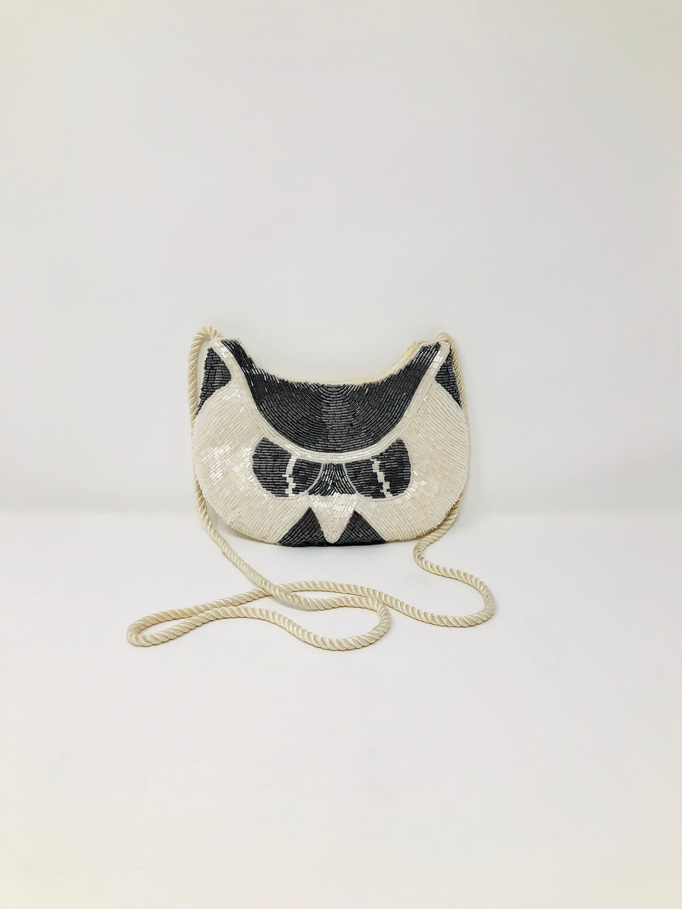 Novelty Beaded Bag / Big Owl Face Purse / Black and Ivory Embellished Pouch w/ Zipper