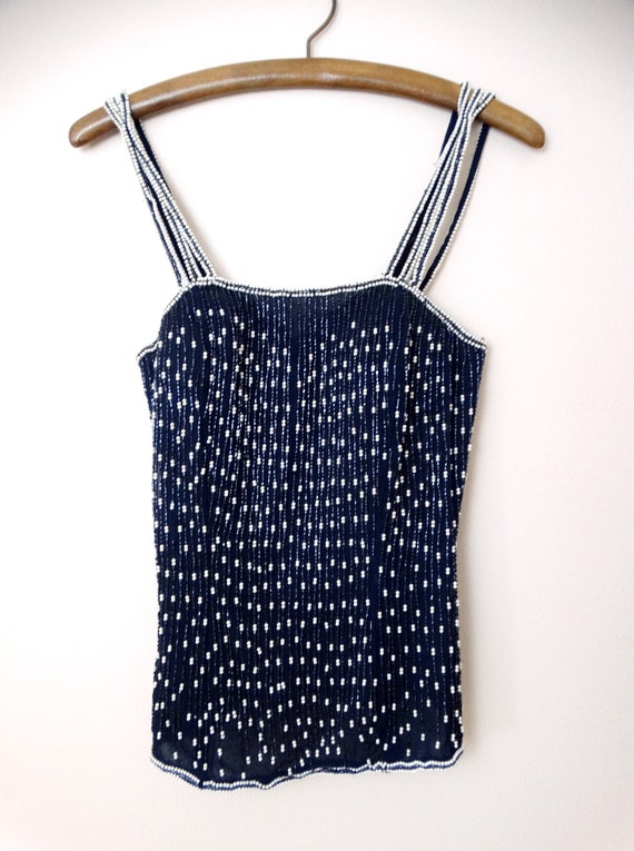 XS/S Navy and White Beaded Bustier Top / 1990's P… - image 3