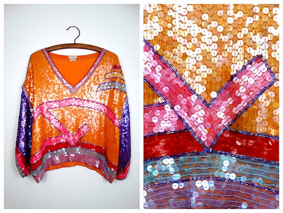 80s Bright Orange Sequin Top // Color Block Dolma… - image 1