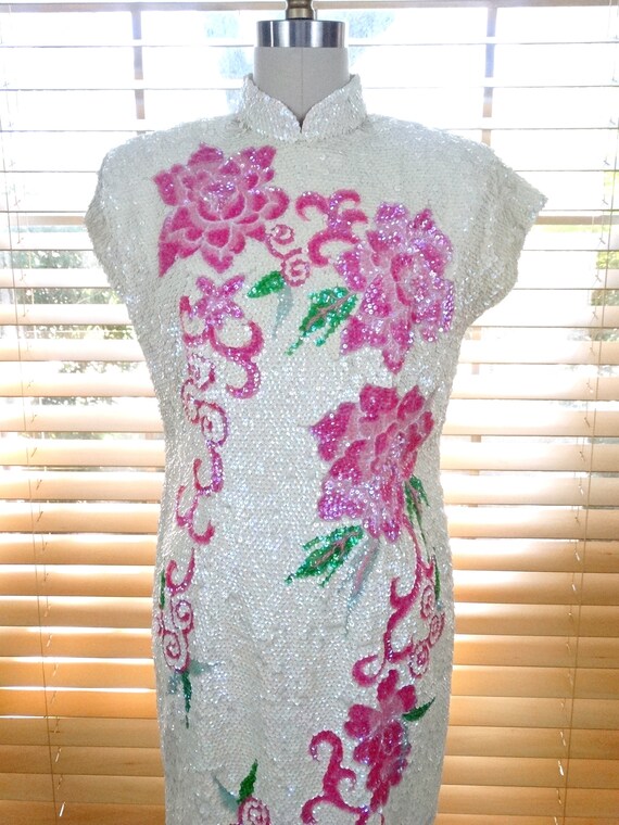 Vtg Cheongsam Sequin Gown / Vintage Iridescent Se… - image 3