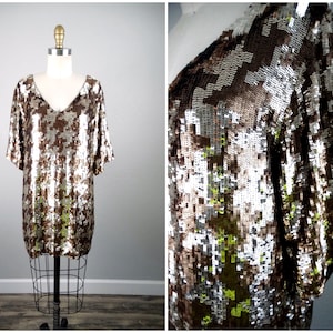 Y2k Designer Gold Sequin Mini Dress / Golden Glam Houndstooth Sequined Dress / Vintage Couture ShirtDress