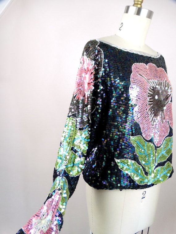 M/L Exotic Flower Sequined Top / Vintage Sequin T… - image 5