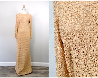 VTG Lace Beaded Boho Gown / Beige Gold Embellished Maxi Dress